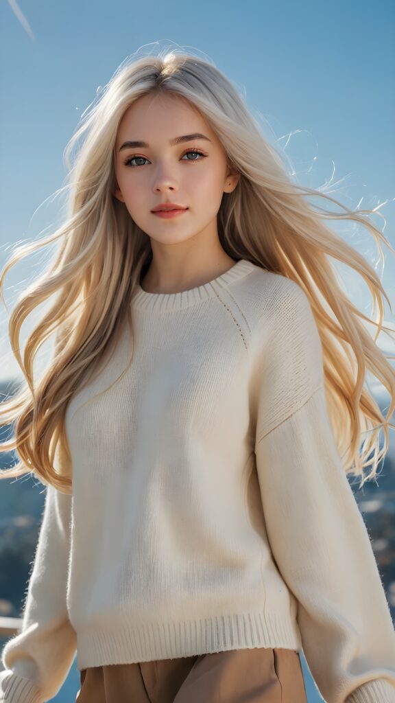 a (((detailed realistic full-body photo))), capturing a breathtakingly beautiful young teen girl with luxurious, ((extremely long, thick, jet white hair)) and bangs that gracefully sweep across her face, wearing a ((soft beige wool sweater)) that accentuates her figure. The sun is out in full force, with a clear blue sky providing a stunning backdrop for this incredible scene