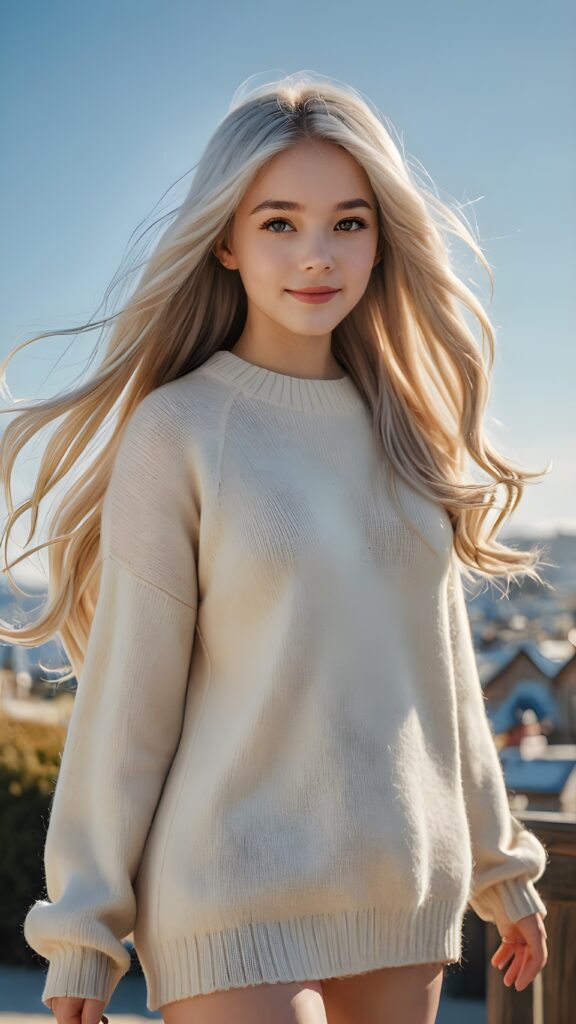 a (((detailed realistic full-body photo))), capturing a breathtakingly beautiful young teen girl with luxurious, ((extremely long, thick, jet white hair)) and bangs that gracefully sweep across her face, wearing a ((soft beige wool sweater)) that accentuates her figure. The sun is out in full force, with a clear blue sky providing a stunning backdrop for this incredible scene