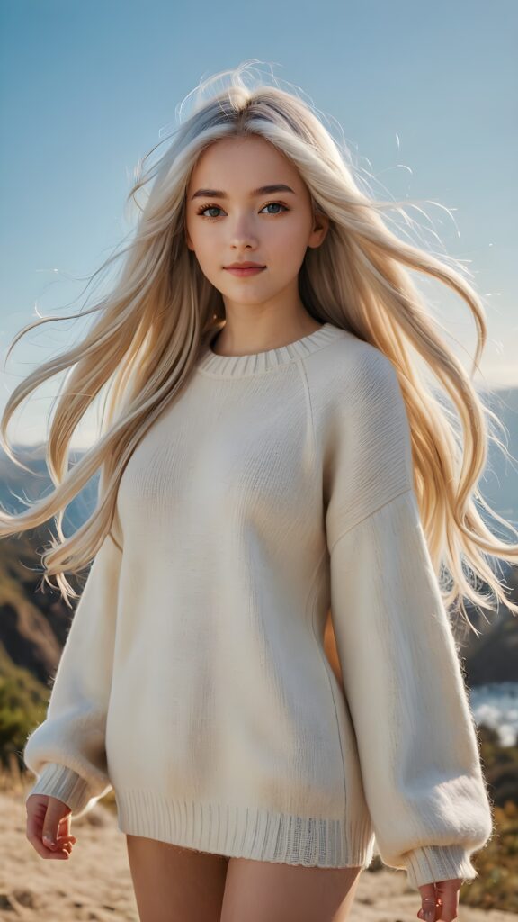 a (((detailed realistic full-body photo))), capturing a breathtakingly beautiful young teen girl with luxurious, ((extremely long, thick, jet white hair)) and bangs that gracefully sweep across her face, wearing a ((soft beige wool sweater)) that accentuates her figure. The sun is out in full force, with a clear blue sky providing a stunning backdrop for this incredible scene