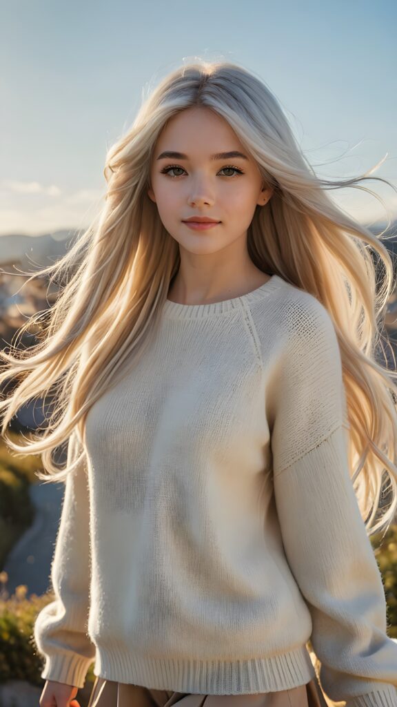 a (((detailed realistic full-body photo))), capturing a breathtakingly beautiful young teen girl with luxurious, ((extremely long, thick, jet white hair)) and bangs that gracefully sweep across her face, wearing a ((soft beige wool sweater)) that accentuates her figure. The sun is out in full force, with a clear blue sky providing a stunning backdrop for this incredible scene