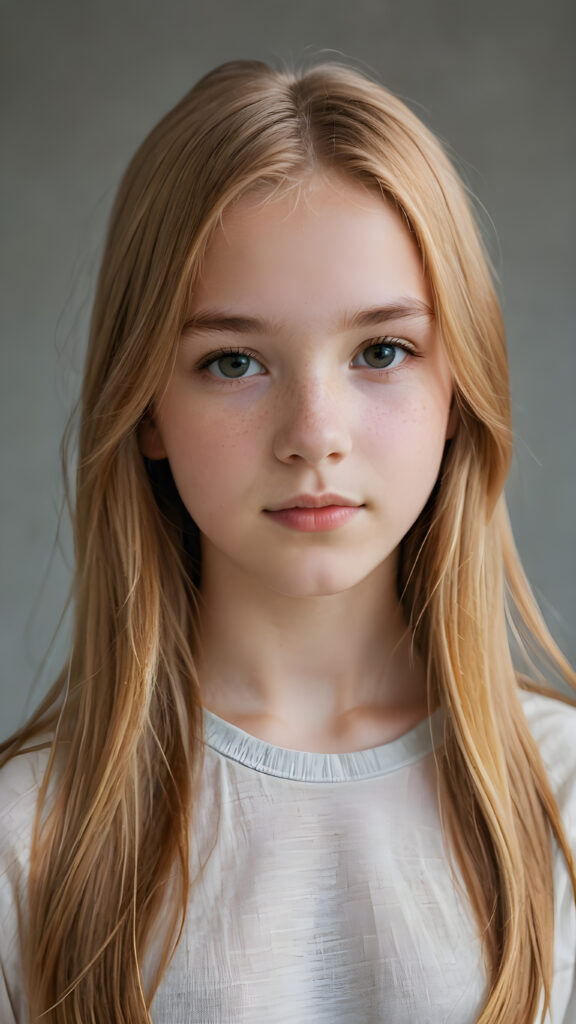 a (((diffuse and ethereal portrait))), capturing a young (((teen girl, 14 years old, with long soft straight yet copper-blond hair, perfect curved body))), whose face is half-obscured by a soft drape of strands, suggesting a muted fatigue that comes from years of tending to such luxurious locks, she wears a super short form-fitting low cut t-shirt made of fine wool against a grey wall backdrop