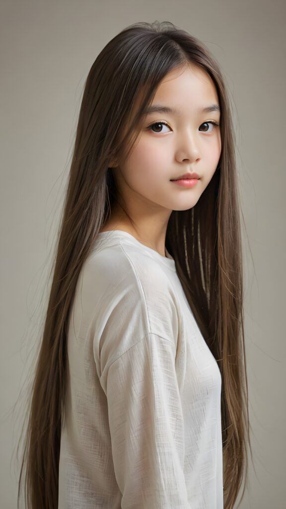 a (((diffuse and ethereal portrait))), capturing a young (((girl with very long soft straight hair, perfect curved body))), whose face is half-obscured by a soft drape of strands, suggesting a muted fatigue that comes from years of tending to such luxurious locks, she wears a short cropped thin t-shirt made of fine wool against a grey wall backdrop