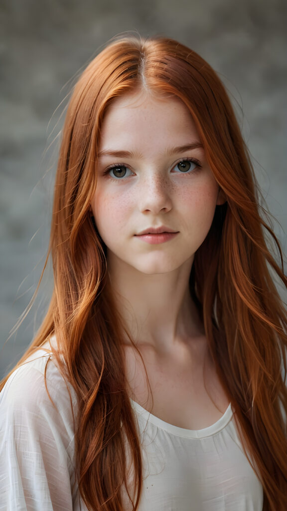 a (((diffuse and ethereal portrait))), capturing a young (((teen girl, 14 years old, with long soft straight yet copper-red hair, perfect curved body))), whose face is half-obscured by a soft drape of strands, suggesting a muted fatigue that comes from years of tending to such luxurious locks, she wears a super short form-fitting low cut t-shirt made of fine wool against a grey wall backdrop