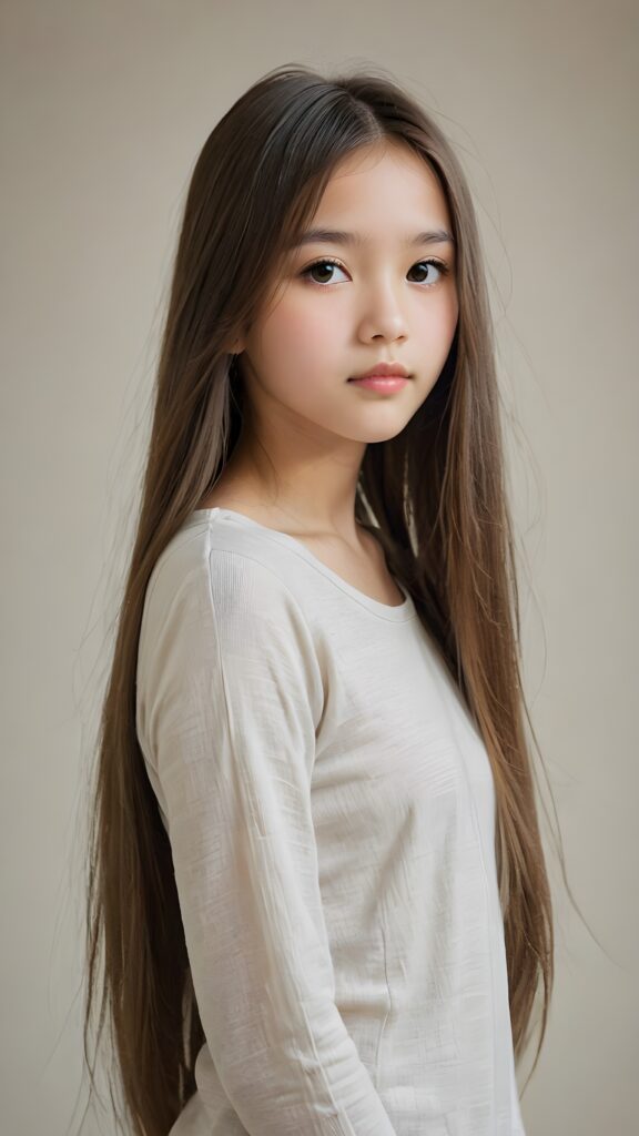 a (((diffuse and ethereal portrait))), capturing a young (((girl with long soft straight hair, perfect curved body))), whose face is half-obscured by a soft drape of strands, suggesting a muted fatigue that comes from years of tending to such luxurious locks, she wears a short cropped thin t-shirt made of fine wool against a grey wall backdrop