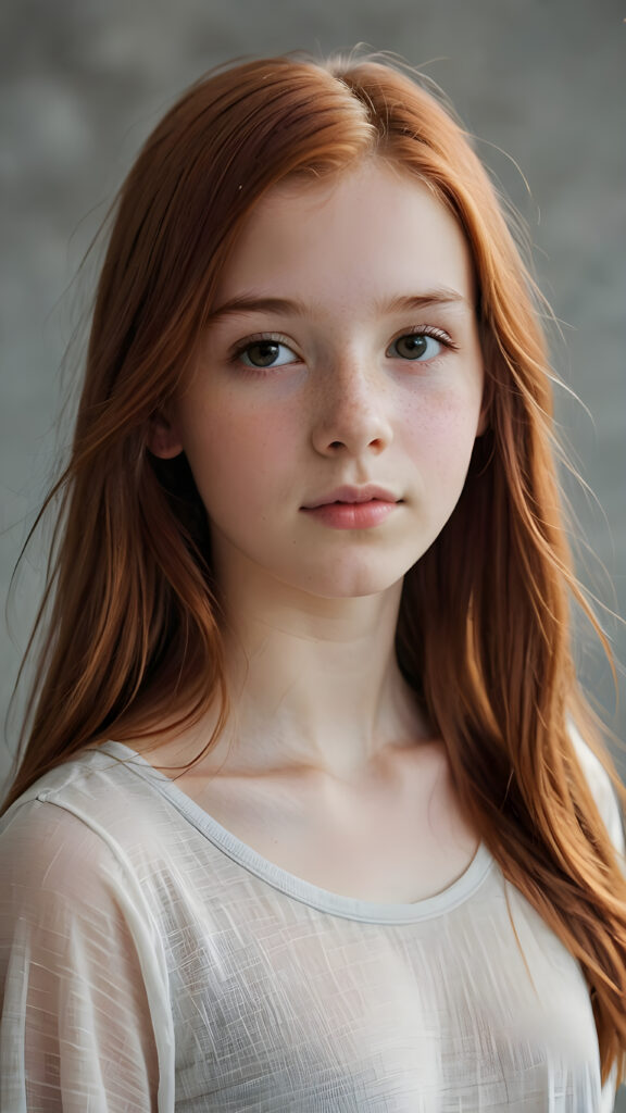 a (((diffuse and ethereal portrait))), capturing a young (((teen girl, 14 years old, with long soft straight yet red hair, perfect curved body))), whose face is half-obscured by a soft drape of strands, suggesting a muted fatigue that comes from years of tending to such luxurious locks, she wears a super short form-fitting low cut t-shirt made of fine wool against a grey wall backdrop