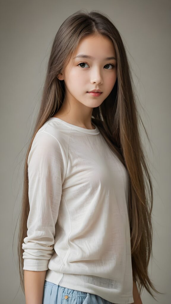 a (((diffuse and ethereal portrait))), capturing a young (((girl with very long soft straight hair, perfect curved body))), whose face is half-obscured by a soft drape of strands, suggesting a muted fatigue that comes from years of tending to such luxurious locks, she wears a short cropped thin t-shirt made of fine wool against a grey wall backdrop