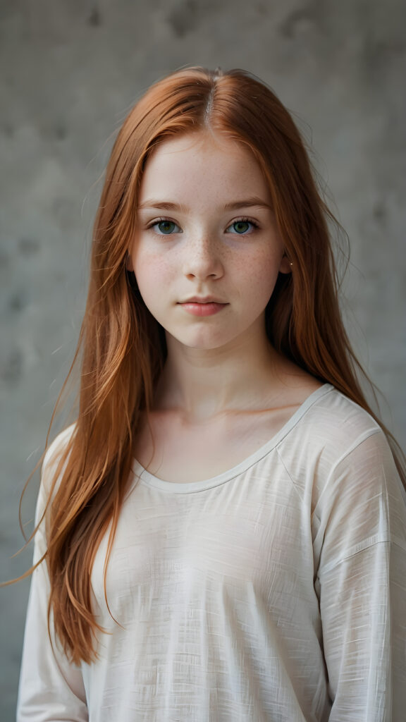 a (((diffuse and ethereal portrait))), capturing a young (((teen girl, 14 years old, with long soft straight yet red hair, perfect curved body))), whose face is half-obscured by a soft drape of strands, suggesting a muted fatigue that comes from years of tending to such luxurious locks, she wears a super short form-fitting low cut t-shirt made of fine wool against a grey wall backdrop