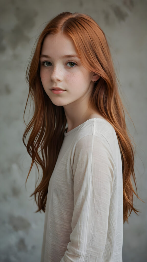 a (((diffuse and ethereal portrait))), capturing a young (((teen girl, 14 years old, with long soft straight yet red hair, perfect curved body))), whose face is half-obscured by a soft drape of strands, suggesting a muted fatigue that comes from years of tending to such luxurious locks, she wears a super short form-fitting low cut t-shirt made of fine wool against a grey wall backdrop