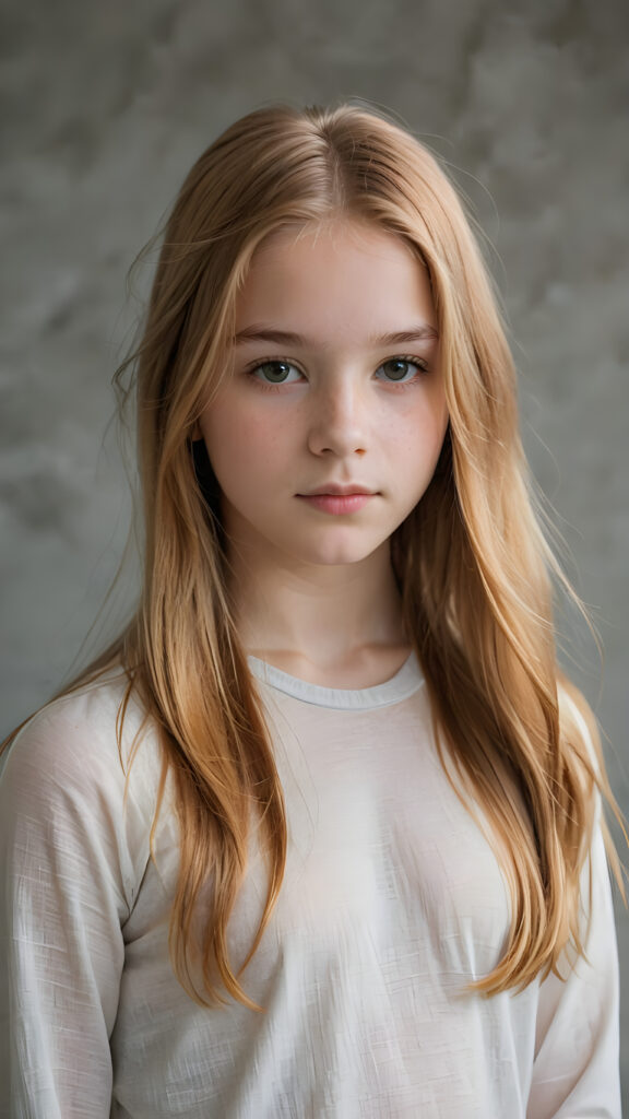 a (((diffuse and ethereal portrait))), capturing a young (((teen girl, 14 years old, with long soft straight yet copper-blond hair, perfect curved body))), whose face is half-obscured by a soft drape of strands, suggesting a muted fatigue that comes from years of tending to such luxurious locks, she wears a super short form-fitting low cut t-shirt made of fine wool against a grey wall backdrop