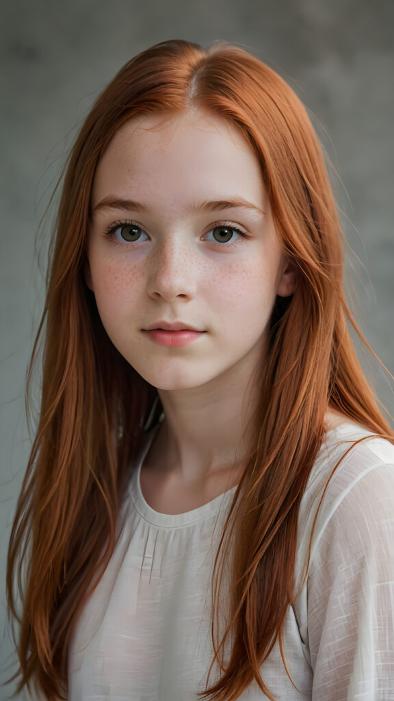 a (((diffuse and ethereal portrait))), capturing a young (((teen girl, 14 years old, with long soft straight yet copper-red hair, perfect curved body))), whose face is half-obscured by a soft drape of strands, suggesting a muted fatigue that comes from years of tending to such luxurious locks, she wears a super short form-fitting low cut t-shirt made of fine wool against a grey wall backdrop