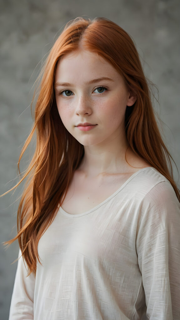 a (((diffuse and ethereal portrait))), capturing a young (((teen girl, 14 years old, with long soft straight yet copper-red hair, perfect curved body))), whose face is half-obscured by a soft drape of strands, suggesting a muted fatigue that comes from years of tending to such luxurious locks, she wears a super short form-fitting low cut t-shirt made of fine wool against a grey wall backdrop