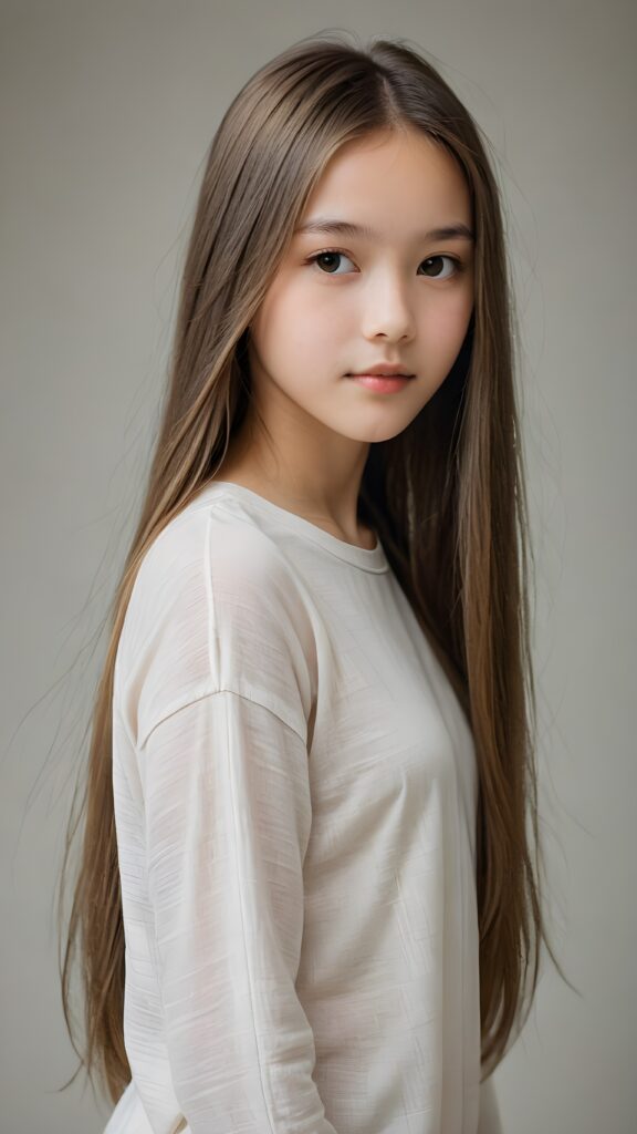 a (((diffuse and ethereal portrait))), capturing a young (((girl with very long soft straight hair, perfect curved body))), whose face is half-obscured by a soft drape of strands, suggesting a muted fatigue that comes from years of tending to such luxurious locks, she wears a short cropped thin t-shirt made of fine wool against a grey wall backdrop