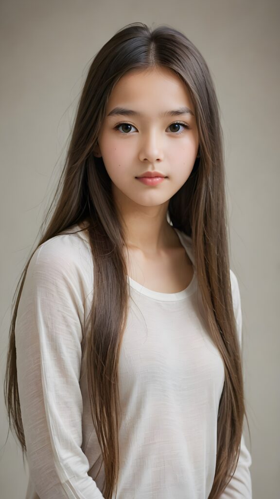 a (((diffuse and ethereal portrait))), capturing a young (((girl with long soft straight hair, perfect curved body))), whose face is half-obscured by a soft drape of strands, suggesting a muted fatigue that comes from years of tending to such luxurious locks, she wears a short cropped thin t-shirt made of fine wool against a grey wall backdrop