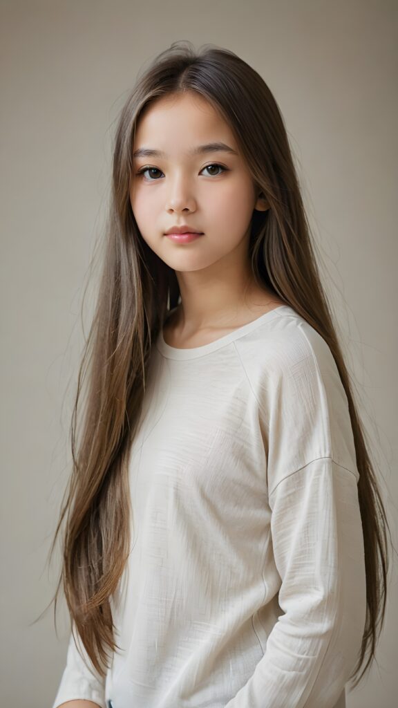 a (((diffuse and ethereal portrait))), capturing a young (((girl with long soft straight hair, perfect curved body))), whose face is half-obscured by a soft drape of strands, suggesting a muted fatigue that comes from years of tending to such luxurious locks, she wears a short cropped thin t-shirt made of fine wool against a grey wall backdrop