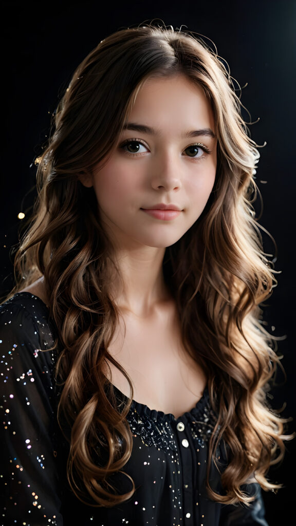 a dream teen girl, long wavy hair, bright light falls on the object, ((black background)) ((detailed)) ((upper body))