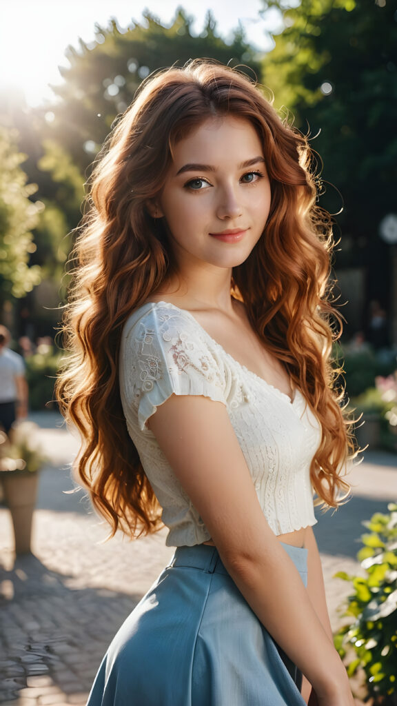 a dreamy portrait of a slightly smiling girl with very long curly auburn hair, wearing a (copped top and miniskirt), with the sun shining on her back