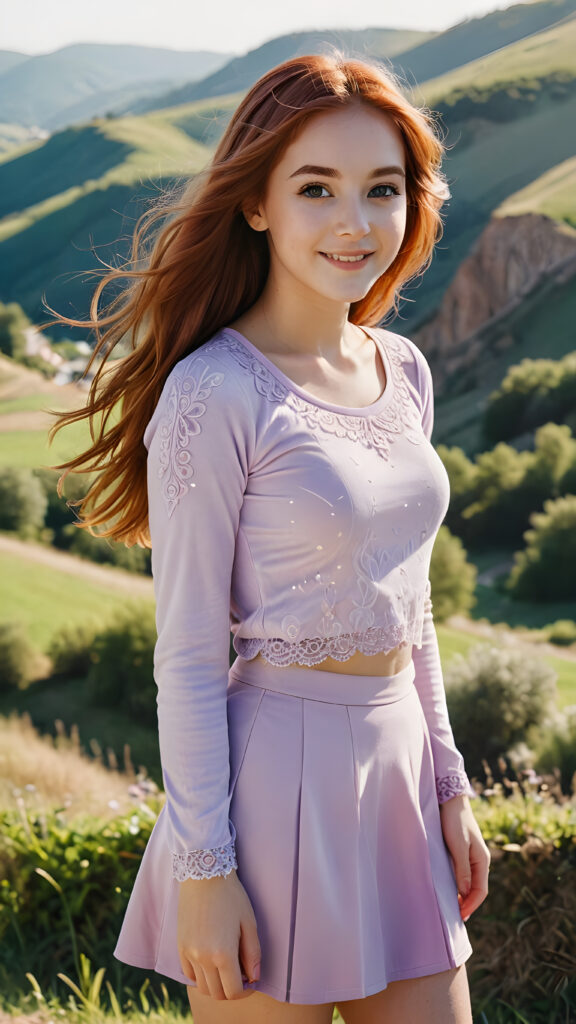 a (((dreamy, whimsically portrait))), capturing a (((slightly smiling girl))) with (((very long, auburn hair))), and (((detailed, matching eyes))), dressed in a (((light violet copped top and miniskirt))), with the sun shining on her back, set against a (serene, rolling hills landscape)