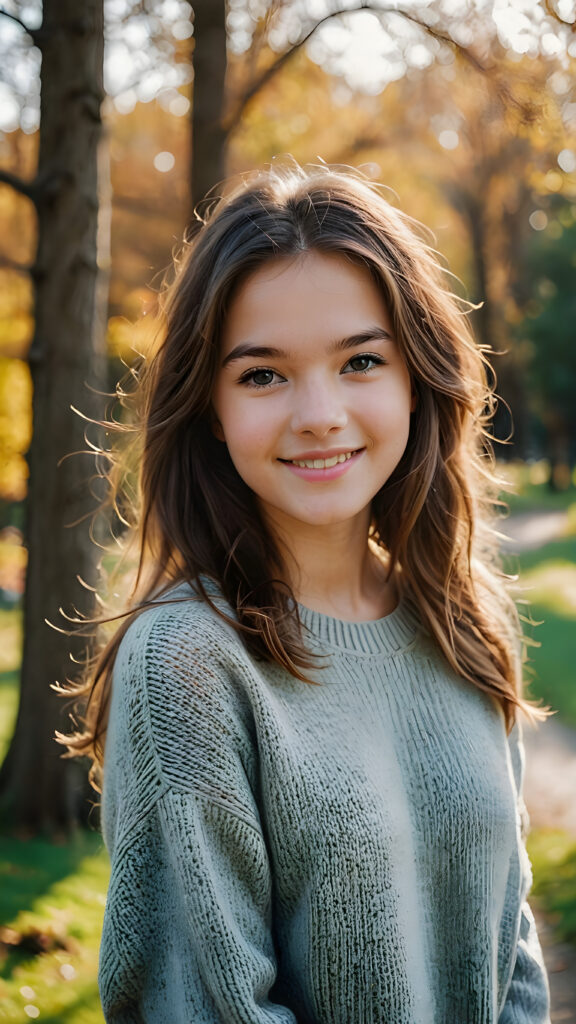 a fantastic picture of a natural teen girl, her cheerful nature makes you happy, she has soft long hair and a round face, she wears a thin woolen sweater