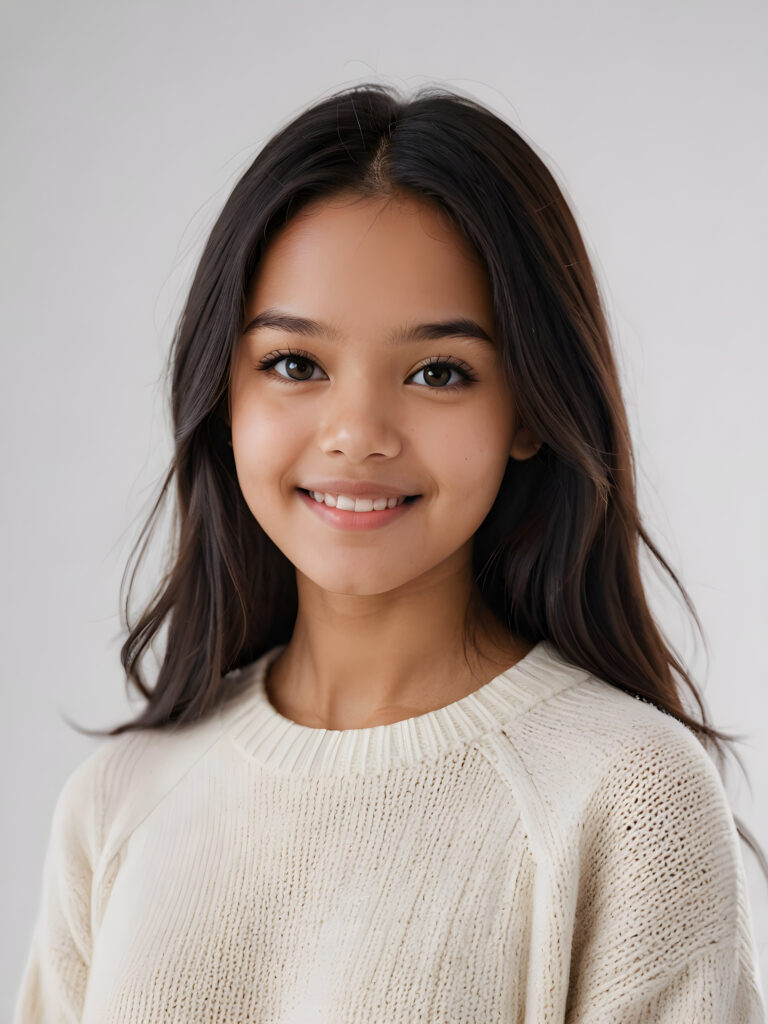 a fantastic picture of a natural brown-skinned teen girl, who makes you happy, she has straight long obsidian black soft shoulder-length hair, a round face, she wars a thin white woolen sweater ((white background)) ((dimmed light)) perfect shadows