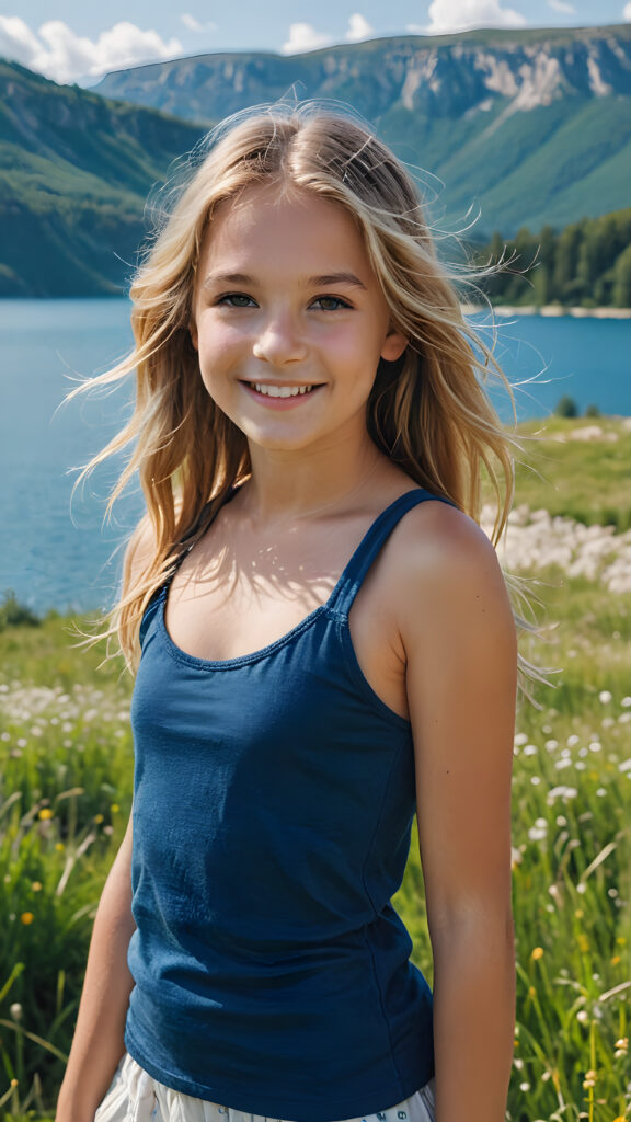 a fantastic young girl, she is my daughter, 12 years old with long summer blond hair is standing in a sunny meadow. In the background is a deep blue lake, she is smiling, ((detailed and super realistic)), she wears a short plain tank top