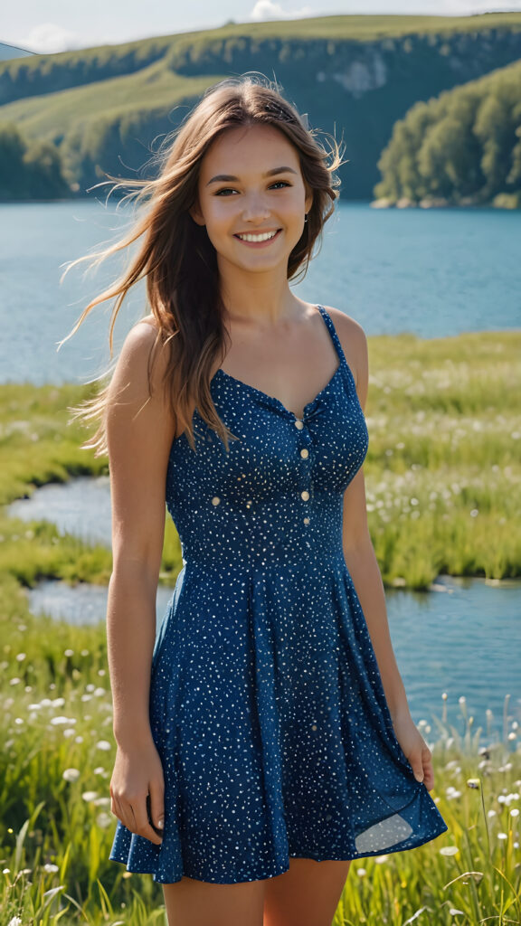 a fantastic young girl with long hair is standing in a sunny meadow. In the background is a deep blue lake. She is wearing a skimpy, thin summer dress and is smiling, ((detailed and super realistic))