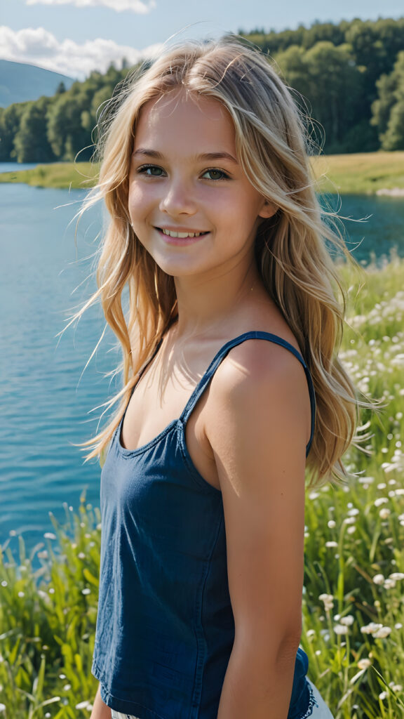 a fantastic young girl, she is my daughter, 12 years old with long summer blond hair is standing in a sunny meadow. In the background is a deep blue lake, she is smiling, ((detailed and super realistic)), she wears a short plain tank top