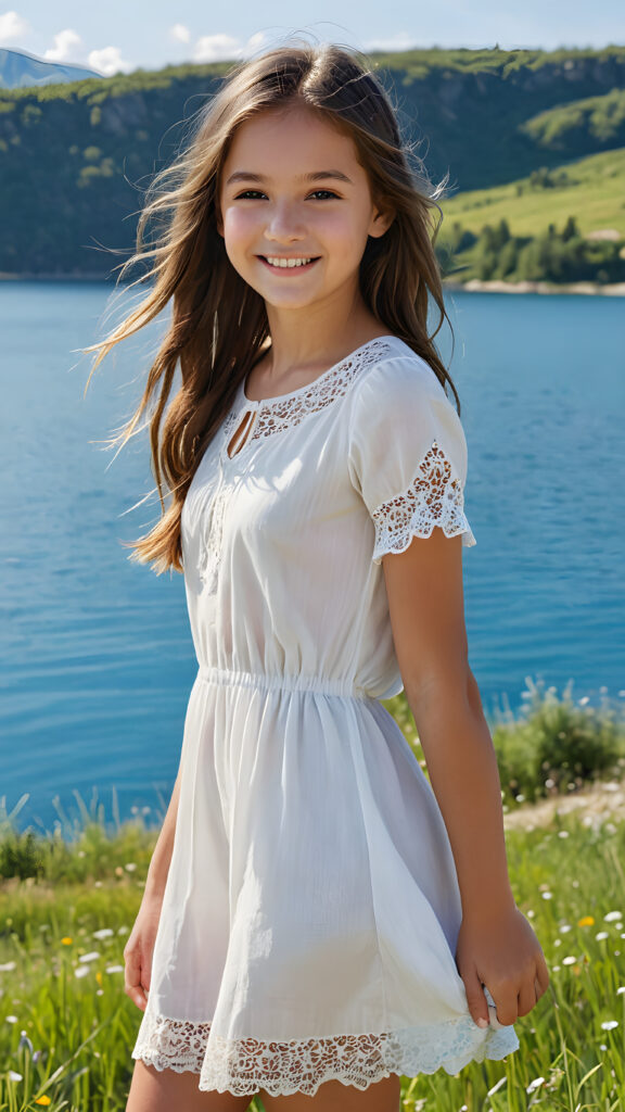 a fantastic young girl, 12 years old with long hair is standing in a sunny meadow. In the background is a deep blue lake. She is wearing a white short skimpy, thin summer dress and is smiling, ((detailed and super realistic))