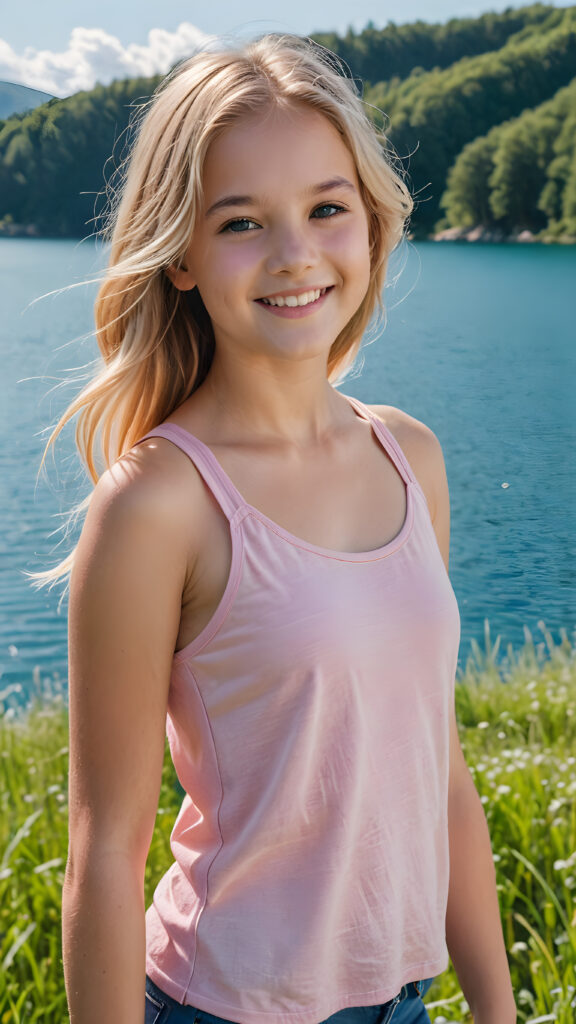 a fantastic young girl, 12 years old with long summer blond hair is standing in a sunny green meadow. In the background is a deep blue lake, she is smiling, ((detailed and super realistic)), ((she wears a short light pink cropped plain tank top))