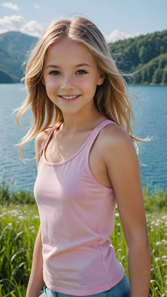 a fantastic young girl, 12 years old with long summer blond hair is standing in a sunny green meadow. In the background is a deep blue lake, she is smiling, ((detailed and super realistic)), ((she wears a short light pink cropped plain tank top))