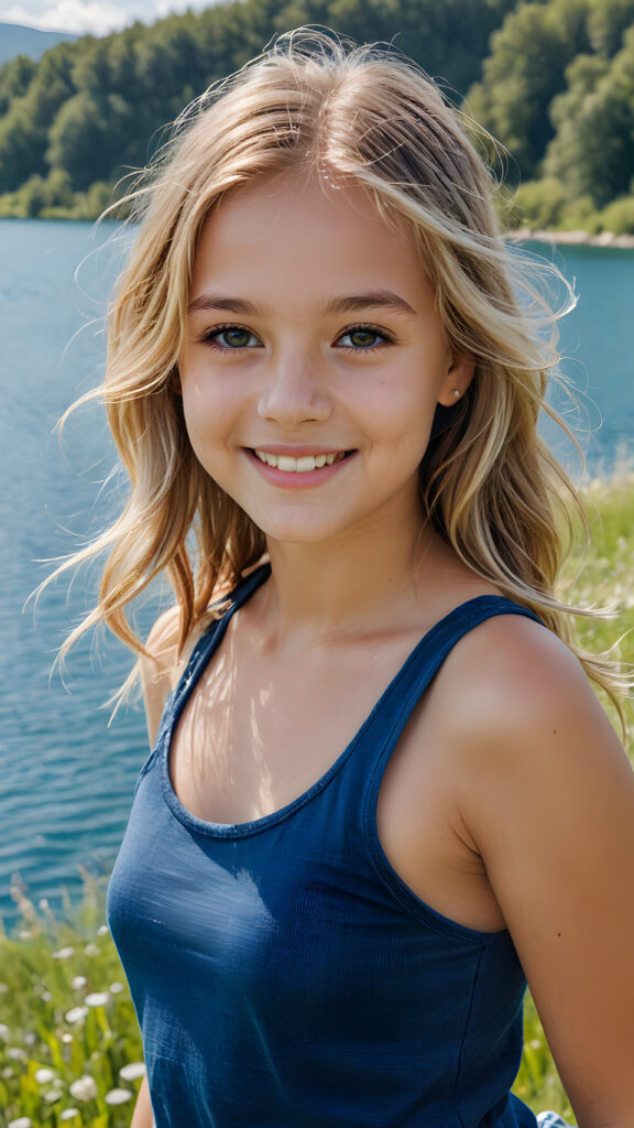 a fantastic young girl, she is my daughter, 12 years old with long summer blond hair is standing in a sunny meadow. In the background is a deep blue lake, she is smiling, ((detailed and super realistic)), she wears a short plain tank top