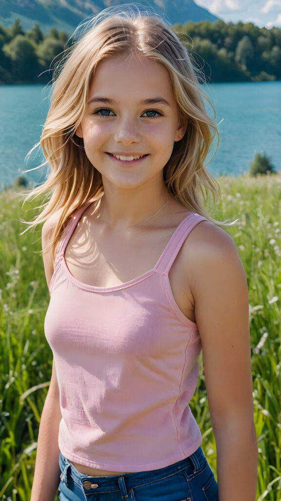 a fantastic young girl, 12 years old with long summer blond hair is standing in a sunny green meadow. In the background is a deep blue lake, she is smiling, ((detailed and super realistic)), ((she wears a short light pink cropped plain tank top))