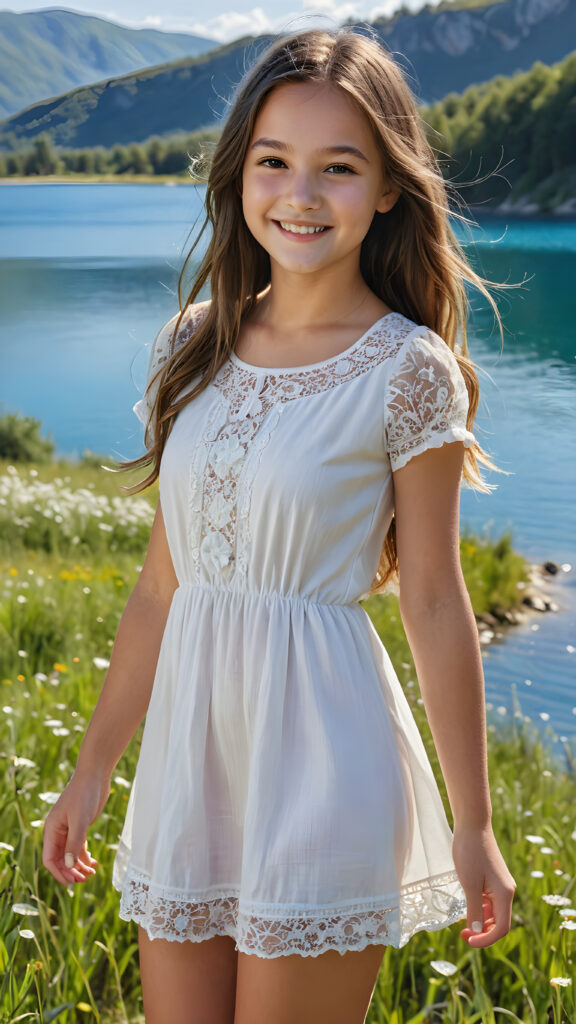 a fantastic young girl, 12 years old with long hair is standing in a sunny meadow. In the background is a deep blue lake. She is wearing a white short skimpy, thin summer dress and is smiling, ((detailed and super realistic))