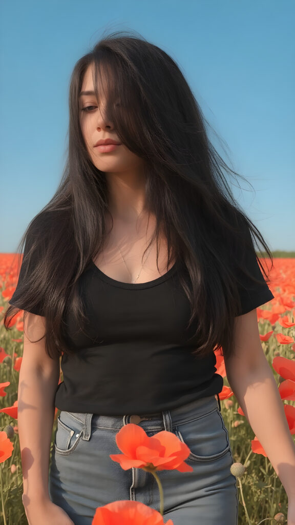 a (((full body view))) of a (((teen girl))) with ((black thick, straight soft hair)) that convey a sense of warmth and vitality, dressed in a ((low-cut, fitted T-shirt)) that accentuates her mature yet youthful figure, paired with ((realistic looking, high-resolution skin texture)) that adds a touch of realism to this captivating composition. She's standing in a ((sunny poppy field)), with a ((clear blue sky)) providing a picturesque backdrop for this stunning popstar. ((FULL LENGTH HEAD TO FEET BODY SHOT)) (((FULLY CLOTHED in black t-shirt and short denim jeans))) (((in a natural, warm and cozy lighting))) (((no gore, soft look)))