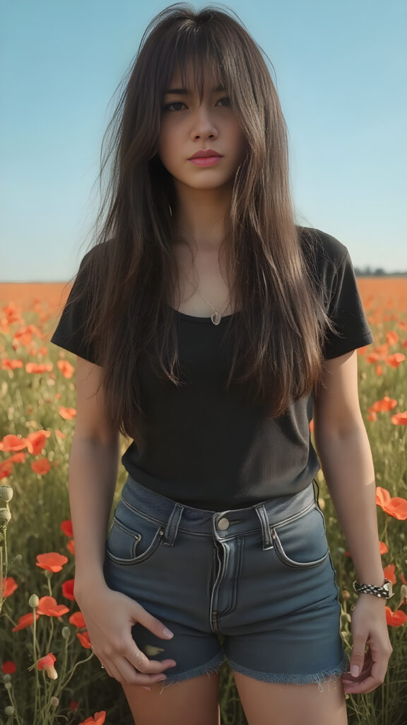 a (((full body view))) of a (((teen girl))) with ((black thick, straight soft hair)) that convey a sense of warmth and vitality, dressed in a ((low-cut, fitted T-shirt)) that accentuates her mature yet youthful figure, paired with ((realistic looking, high-resolution skin texture)) that adds a touch of realism to this captivating composition. She's standing in a ((sunny poppy field)), with a ((clear blue sky)) providing a picturesque backdrop for this stunning popstar. ((FULL LENGTH HEAD TO FEET BODY SHOT)) (((FULLY CLOTHED in black t-shirt and short denim jeans))) (((in a natural, warm and cozy lighting))) (((no gore, soft look)))