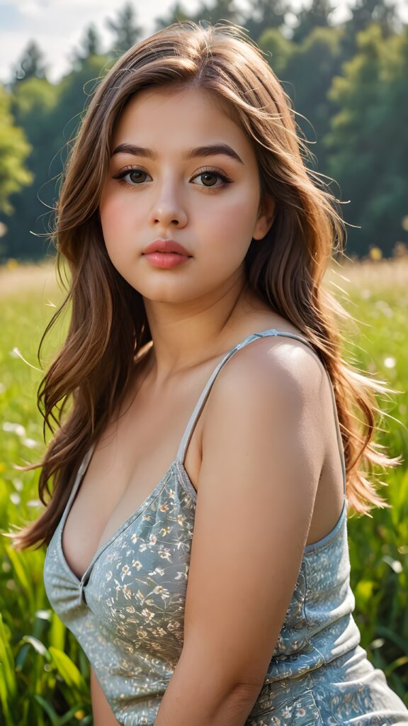 a full body portrait of a (((cute, beautiful, young, chubby, plump lips, big eyes))) ((busty)) teen girl with ((silky smooth, straight long light brown soft detailed hair)) covering her shoulders and upper body. She wears a ((low cut, tight, form-fitting, empty tank top)). All against a sunny green grassy backdrop