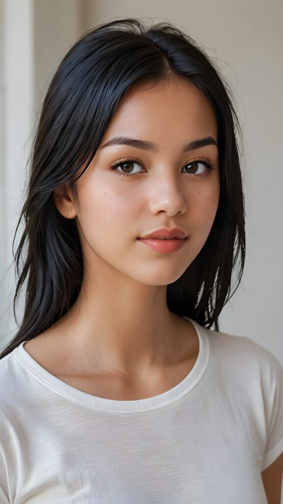 a (((perfectly realistic full-body portrait))), featuring a (((very cute young tanned teen girl))) with ((bright white t-shirt)), (((detailed, realistic black straight hair))), and (((pale, clear skin))), accompanied by (((full, defined lips))), that give off a (natural, glowing smile). Her face is (((beautifully drawn))), with (((two perfectly matching, white and closed eyes))), and (((a small, pointed nose))), all framed by (((a slightly pointed chin))), which complements the overall aesthetic. The portrait is (((side-view, looking slightly to the side))), with (((bright, natural light))) illuminating her face and creating a (softly shaded backdrop) that accentuates her features