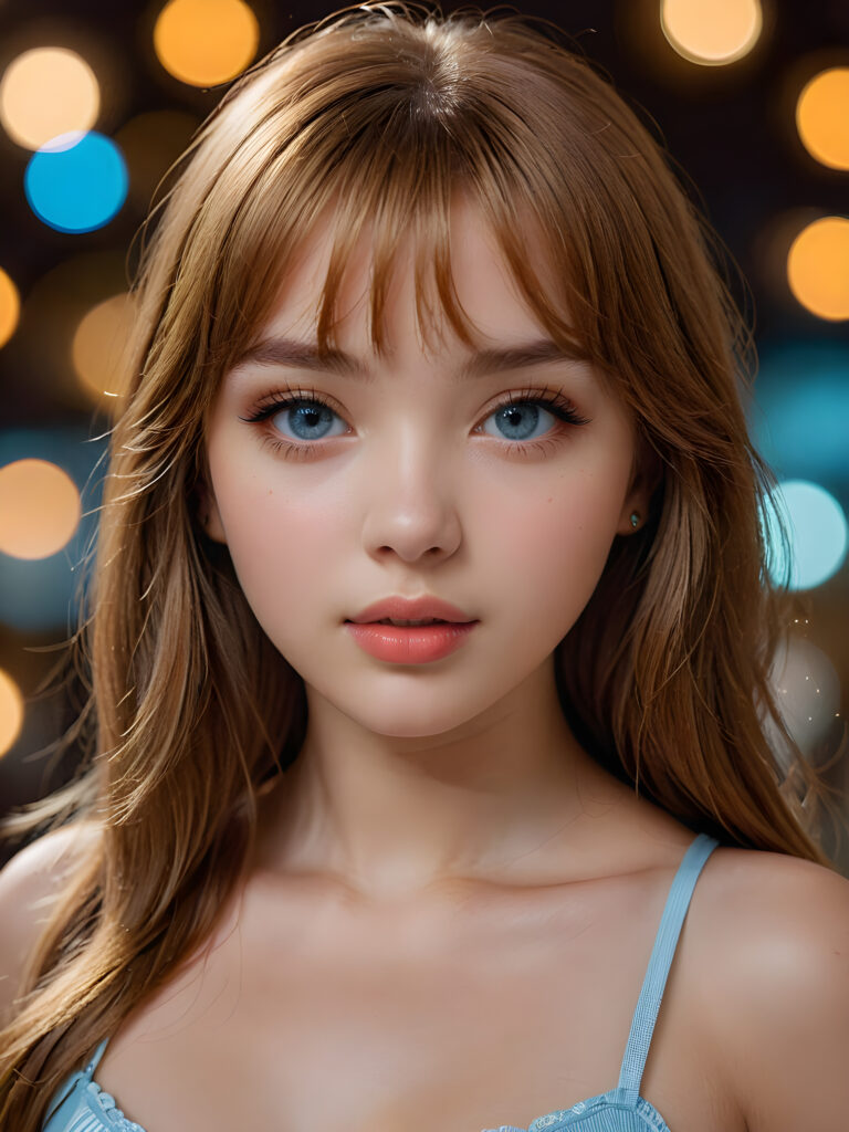 a full body shot of an 17-year-old amateur teen model, showcasing extremely realistic skin textures, glossy lipstick-adorned full lips, a small flawless nose, and golden reddish (((very soft straight)) hair with bangs, big light blue eyes, model engaging the viewer with a dynamic pose under a low key lighting, dark limited palette, utilizing sharp focus, intricate details, ultra-fine photography, wide angle view