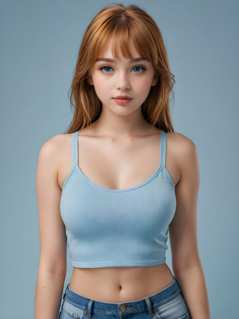 a full body shot of an 16-year-old teen girl, wears a super crop top tank top, perfect curved body, showcasing extremely realistic skin textures, glossy lipstick-adorned full lips, a small flawless nose, and golden reddish (((very soft straight)) hair with bangs, big light blue eyes, model engaging the viewer with a dynamic pose under a low key lighting, dark limited palette, utilizing sharp focus, intricate details, ultra-fine photography, wide angle view