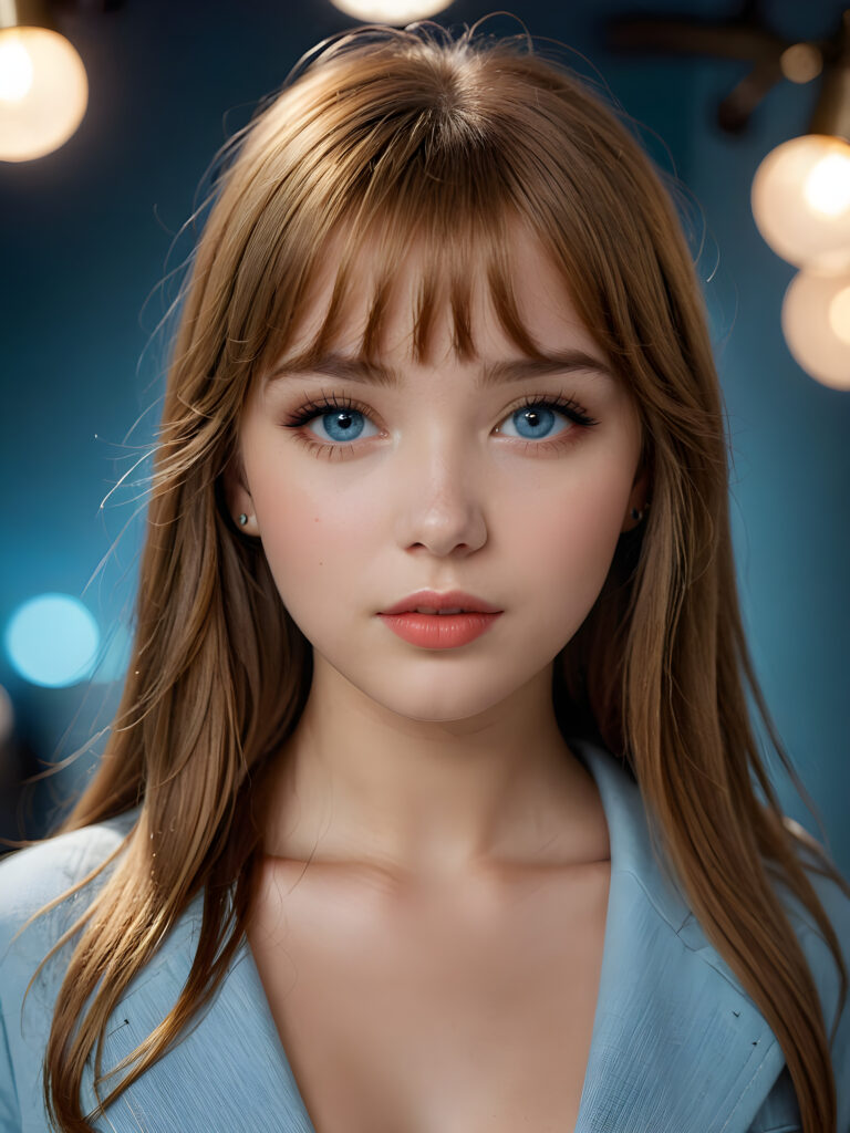 a full body shot of an 17-year-old amateur teen model, showcasing extremely realistic skin textures, glossy lipstick-adorned full lips, a small flawless nose, and golden reddish (((very soft straight)) hair with bangs, big light blue eyes, model engaging the viewer with a dynamic pose under a low key lighting, dark limited palette, utilizing sharp focus, intricate details, ultra-fine photography, wide angle view