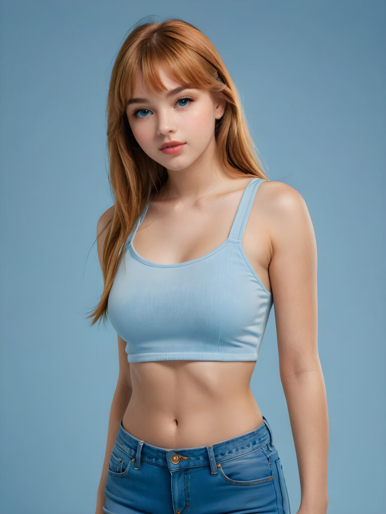 a full body shot of an 16-year-old teen girl, wears a super crop top tank top, perfect curved body, showcasing extremely realistic skin textures, glossy lipstick-adorned full lips, a small flawless nose, and golden reddish (((very soft straight)) hair with bangs, big light blue eyes, model engaging the viewer with a dynamic pose under a low key lighting, dark limited palette, utilizing sharp focus, intricate details, ultra-fine photography, wide angle view