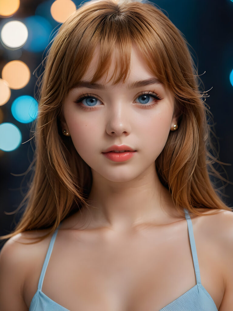 a full body shot of an 17-year-old amateur teen model, showcasing extremely realistic skin textures, glossy lipstick-adorned full lips, a small flawless nose, and golden reddish (((very soft straight)) hair with bangs, big light blue eyes, model engaging the viewer with a dynamic pose under a low key lighting, dark limited palette, utilizing sharp focus, intricate details, ultra-fine photography, wide angle view