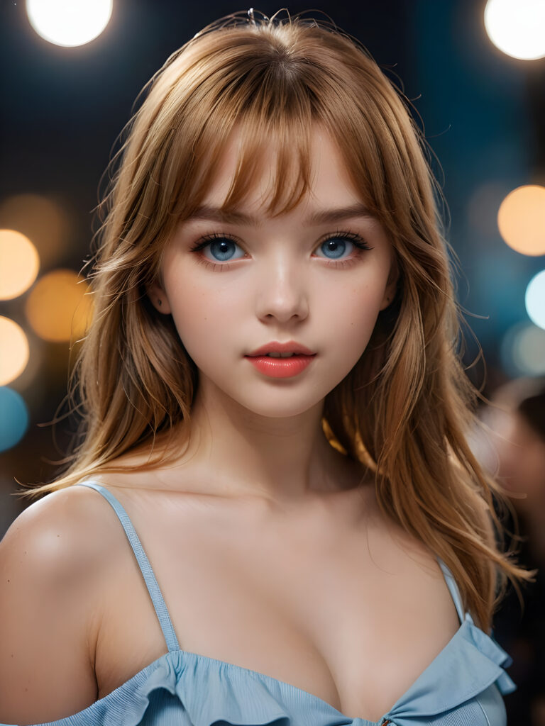 a full body shot of an 17-year-old amateur teen model, showcasing extremely realistic skin textures, glossy lipstick-adorned full lips, a small flawless nose, and golden reddish (((very soft straight)) hair with bangs, big light blue eyes, model engaging the viewer with a dynamic pose under a low key lighting, dark limited palette, utilizing sharp focus, intricate details, ultra-fine photography, wide angle view