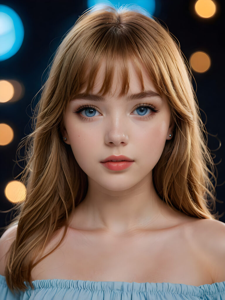 a full body shot of an 17-year-old amateur teen model, showcasing extremely realistic skin textures, glossy lipstick-adorned full lips, a small flawless nose, and golden reddish (((very soft straight)) hair with bangs, big light blue eyes, model engaging the viewer with a dynamic pose under a low key lighting, dark limited palette, utilizing sharp focus, intricate details, ultra-fine photography, wide angle view