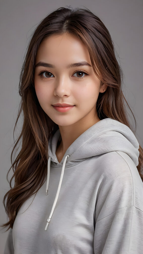 a girl, full detailed and realistic portrait, ((round, angelic face)), flawless, young and smooth skin, full lips, her deep brown eyes sparkle, ((hazelnut long, straight soft shiny hair)), white hoodie, a warm smile enchants the viewer, perfect curved body, ((gorgeous)) ((stunning)) ((grey background)) ((cute))