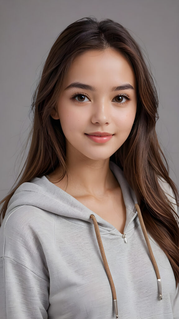 a girl, full detailed and realistic portrait, ((round, angelic face)), flawless, young and smooth skin, full lips, her deep brown eyes sparkle, ((hazelnut long, straight soft shiny hair)), white hoodie, a warm smile enchants the viewer, perfect curved body, ((gorgeous)) ((stunning)) ((grey background)) ((cute))