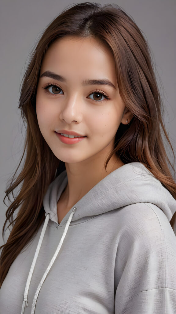 a girl, full detailed and realistic portrait, ((round, angelic face)), flawless, young and smooth skin, full lips, her deep brown eyes sparkle, ((hazelnut long, straight soft shiny hair)), white hoodie, a warm smile enchants the viewer, perfect curved body, ((gorgeous)) ((stunning)) ((grey background)) ((cute))