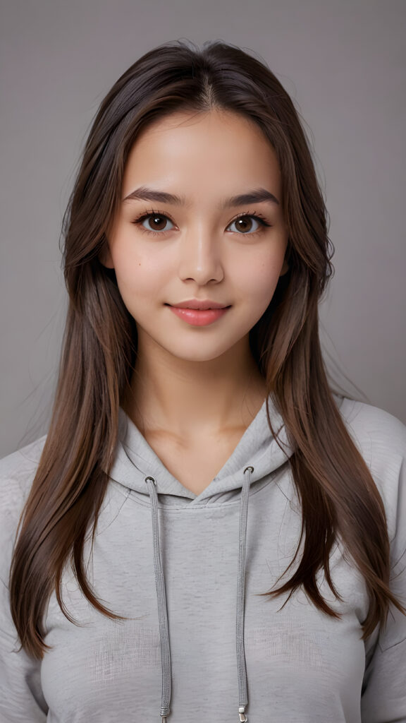 a girl, full detailed and realistic portrait, ((round, angelic face)), flawless, young and smooth skin, full lips, her deep brown eyes sparkle, ((hazelnut long, straight soft shiny hair)), white hoodie, a warm smile enchants the viewer, perfect curved body, ((gorgeous)) ((stunning)) ((grey background)) ((cute))