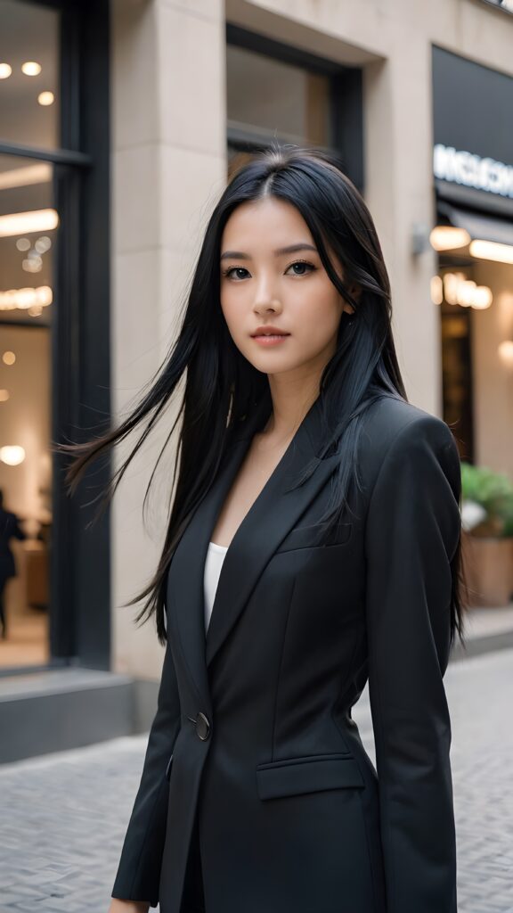 a (((girl with very long, sleek straight black hair))), dressed in a (((thin, elegant suit))), her hair flowing gracefully around her face, capturing a sense of modern sophistication against a minimal backdrop