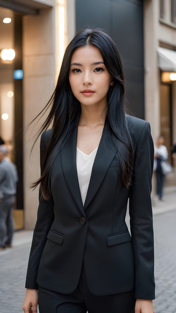 a (((girl with very long, sleek straight black hair))), dressed in a (((thin, elegant suit))), her hair flowing gracefully around her face, capturing a sense of modern sophistication against a minimal backdrop