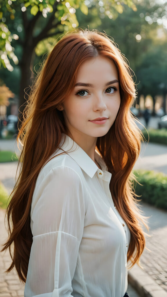 a girl with long auburn hair